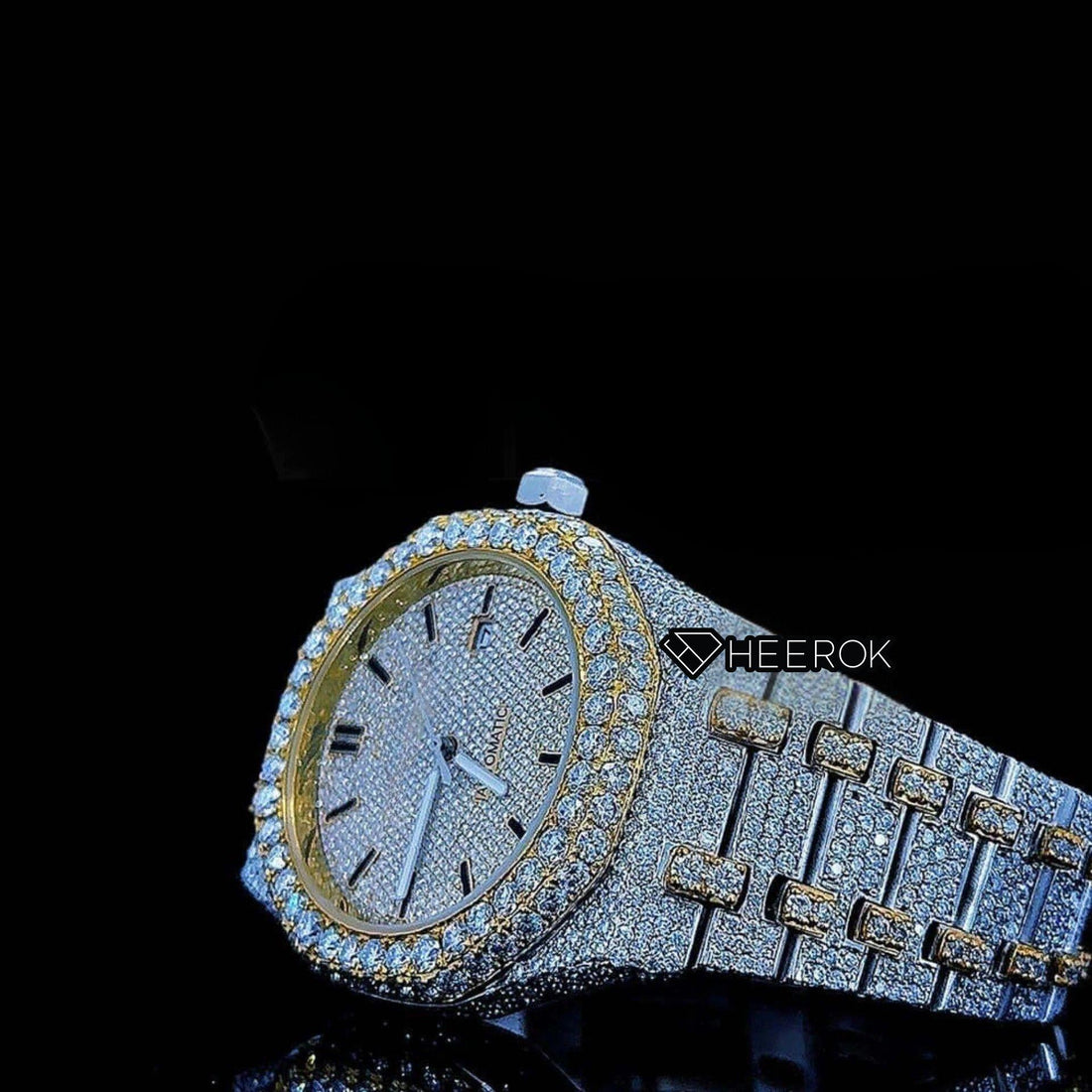AP Royal Oak Yellow Dial Black Stick Markers Diamond Bezel Two Tone Yellow Gold Moissanite Diamond Front View