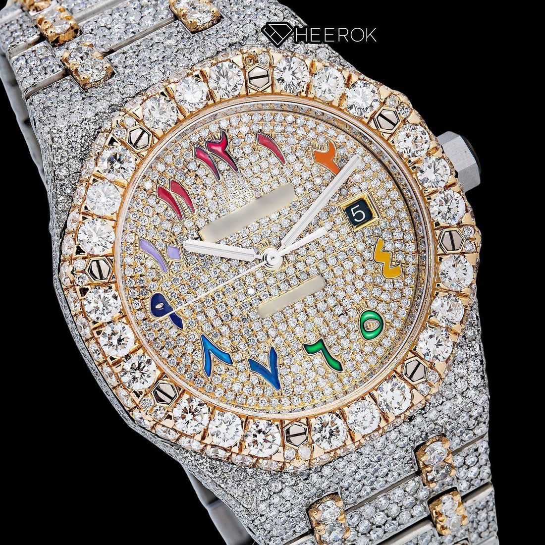 AP Royal Oak Yellow Gold Dial Multicolor Arabic Numerals Large Round Diamond Bezel Two Tone Yellow Gold Moissanite Diamond Watch Front View