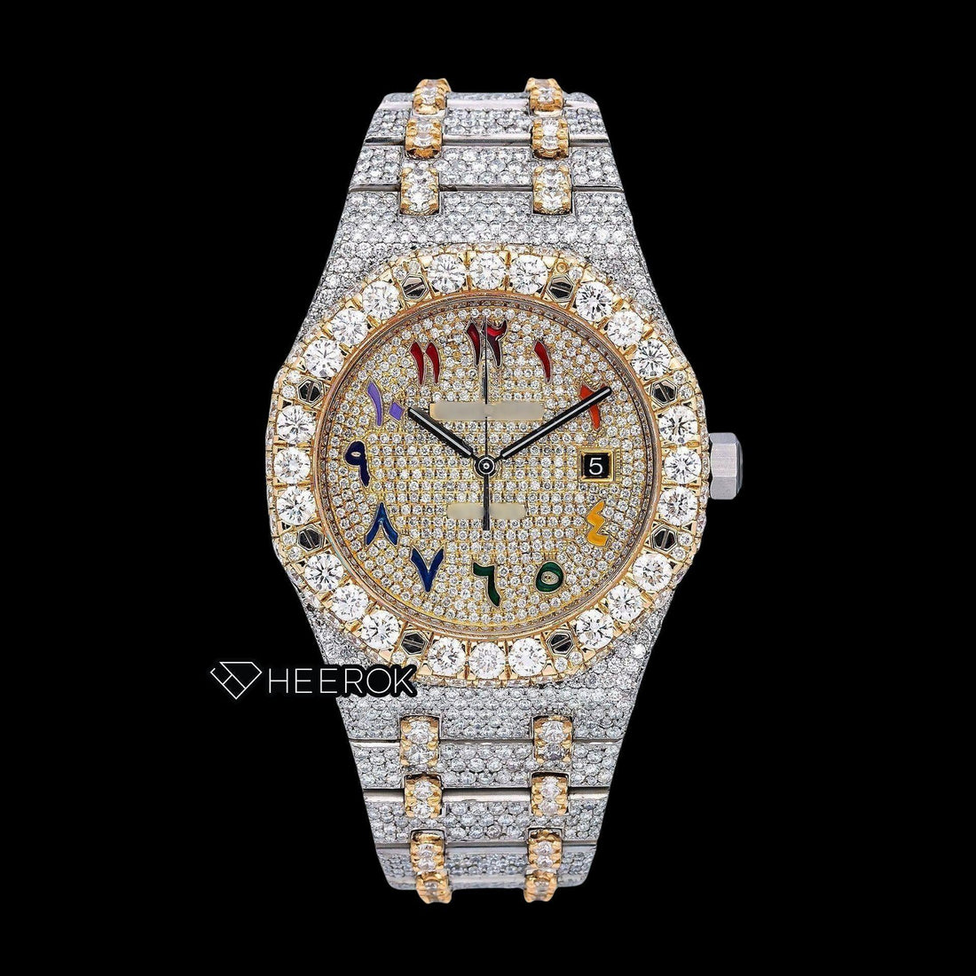 AP Royal Oak Yellow Gold Dial Multicolor Arabic Numerals Large Round Diamond Bezel Two Tone Yellow Gold Moissanite Diamond Watch Front View