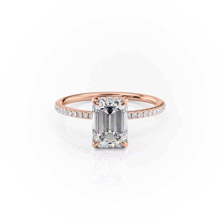 Arcade Grace 1 Carat VVS Lab-Grown Emerald Hidden Halo Pave Engagement Ring in 18K Rose Gold Front View