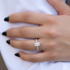 Arcade Grace 1 Carat VVS Lab-Grown Emerald Hidden Halo Pave Engagement Ring in 18K White Gold Hand View