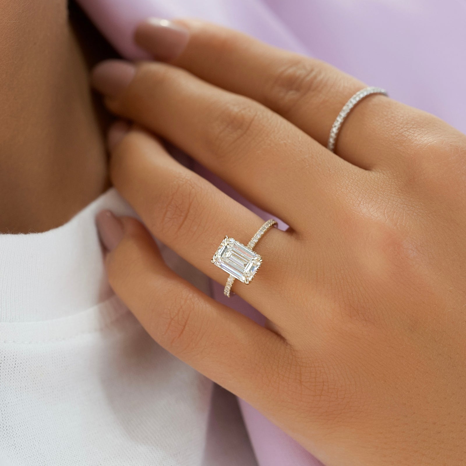 Arcade Grace 1 Carat VVS Lab-Grown Emerald Hidden Halo Pave Engagement Ring in 18K Yellow Gold Finger View