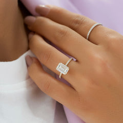 Arcade Grace 1 Carat VVS Lab-Grown Emerald Hidden Halo Pave Engagement Ring in 18K Yellow Gold Finger View