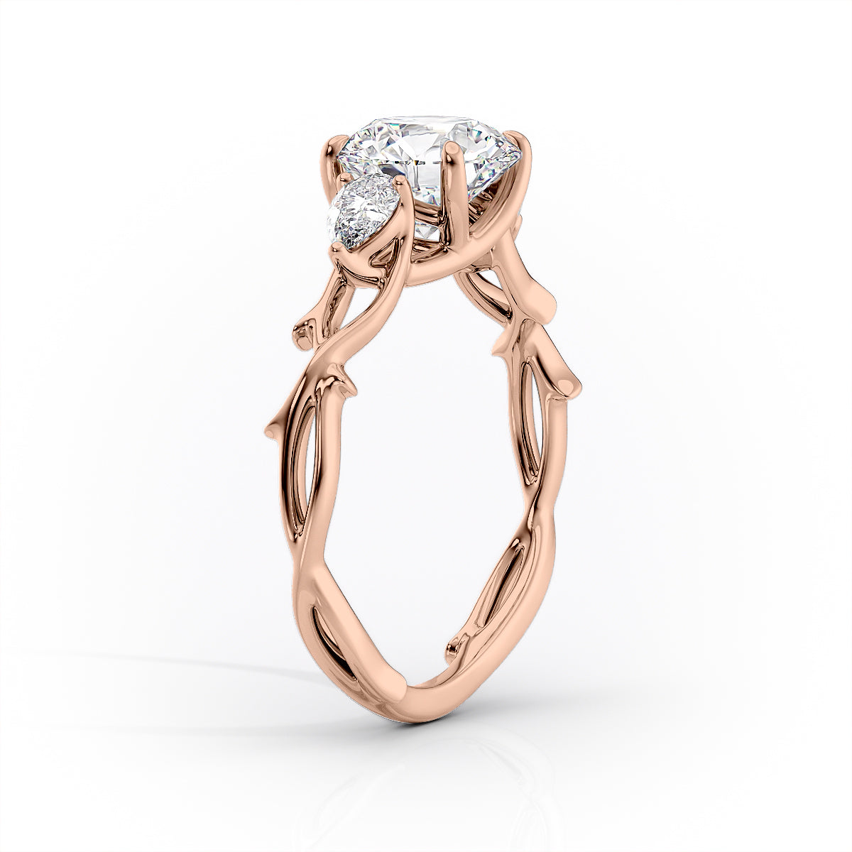 Arcadia Bloom 3.05 Carat VVS Lab-Grown Emerald Three-Stone Engagement Ring in 18K Rose Gold Standing View