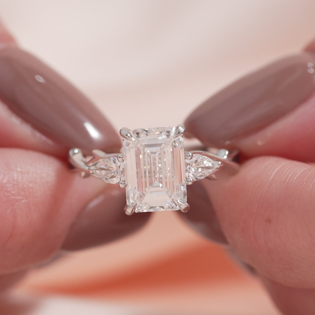 Arcadia Bloom 3.05 Carat VVS Lab-Grown Emerald Three-Stone Engagement Ring in 18K White Gold Finger Side View