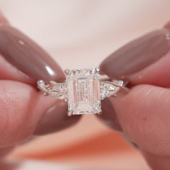 Arcadia Bloom 3.05 Carat VVS Lab-Grown Emerald Three-Stone Engagement Ring in 18K White Gold Finger Side View