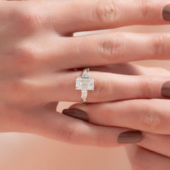 Arcadia Bloom 3.05 Carat VVS Lab-Grown Emerald Three-Stone Engagement Ring in 18K White Gold Finger View