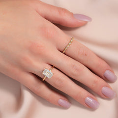 Auric Dawn Emerald 2.19 Carat VVS1 Lab-Grown Hidden Halo Engagement Ring in 18K Yellow Gold Finger View