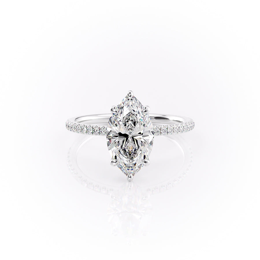Aurora Beam 3.03 Carat VVS1 Lab-Grown Marquise Hidden Halo Pave Engagement Ring in 18K White Gold Front View