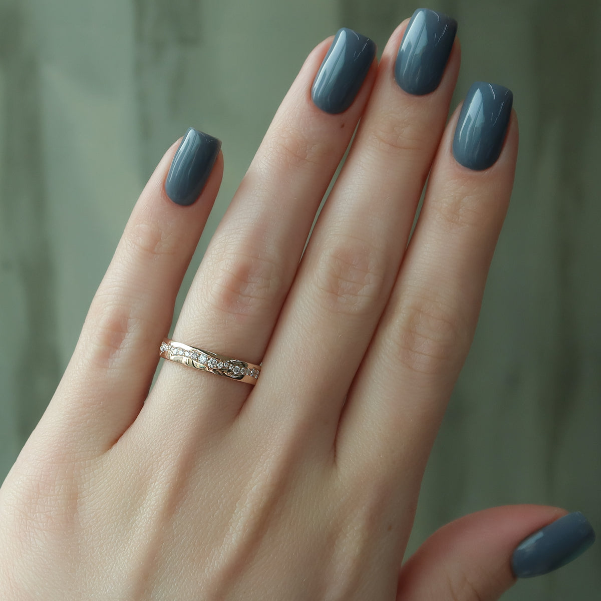 Aurora Flow VVS1 Lab-Grown Half Eternity Wedding Band in 18K Rose Gold Hand View