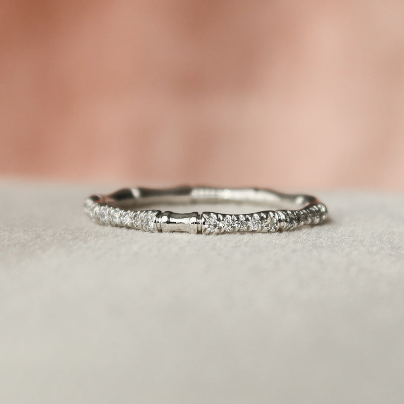 Bamboo Chic VVS1 Lab-Grown Half Eternity Wedding Ring in 18K White Gold Closeup Front View