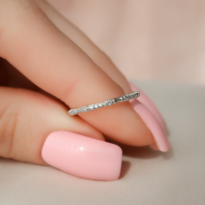 Bamboo Chic VVS1 Lab-Grown Half Eternity Wedding Ring in 18K White Gold  Finger View