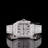 Cartier Santos Black Arabic Numerals White Dial Diamond Bezel Fully Iced Moissanite Diamond For Women Front View.