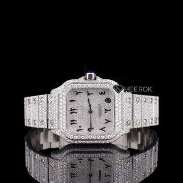 Cartier Santos Black Arabic Numerals White Dial Diamond Bezel Fully Iced Moissanite Diamond For Women Front View.