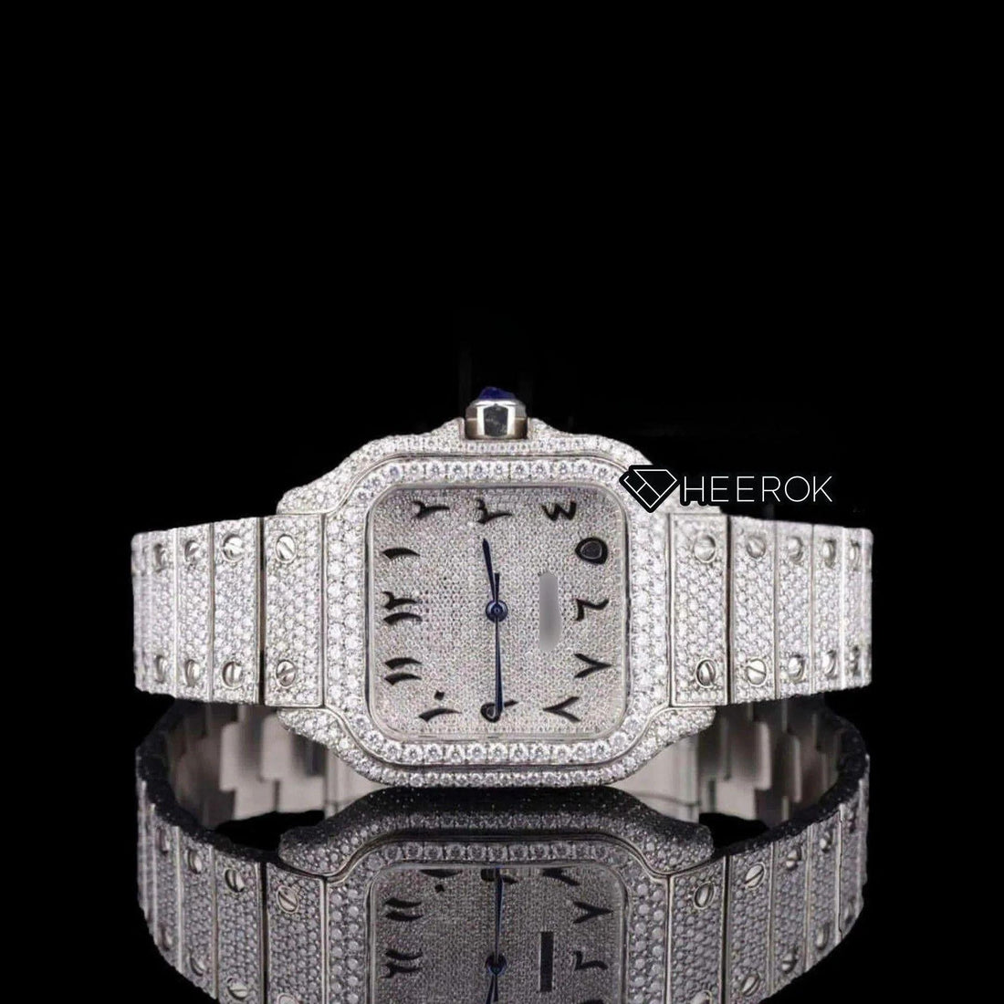 Cartier Santos Black Arabic Numerals White Dial Diamond Bezel Fully Iced Moissanite Diamond Front View.