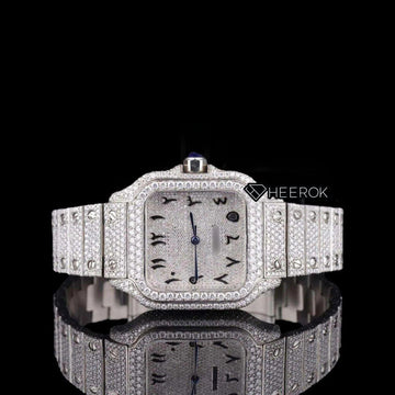 Cartier Santos Black Arabic Numerals White Dial Diamond Bezel Fully Iced Moissanite Diamond Front View.