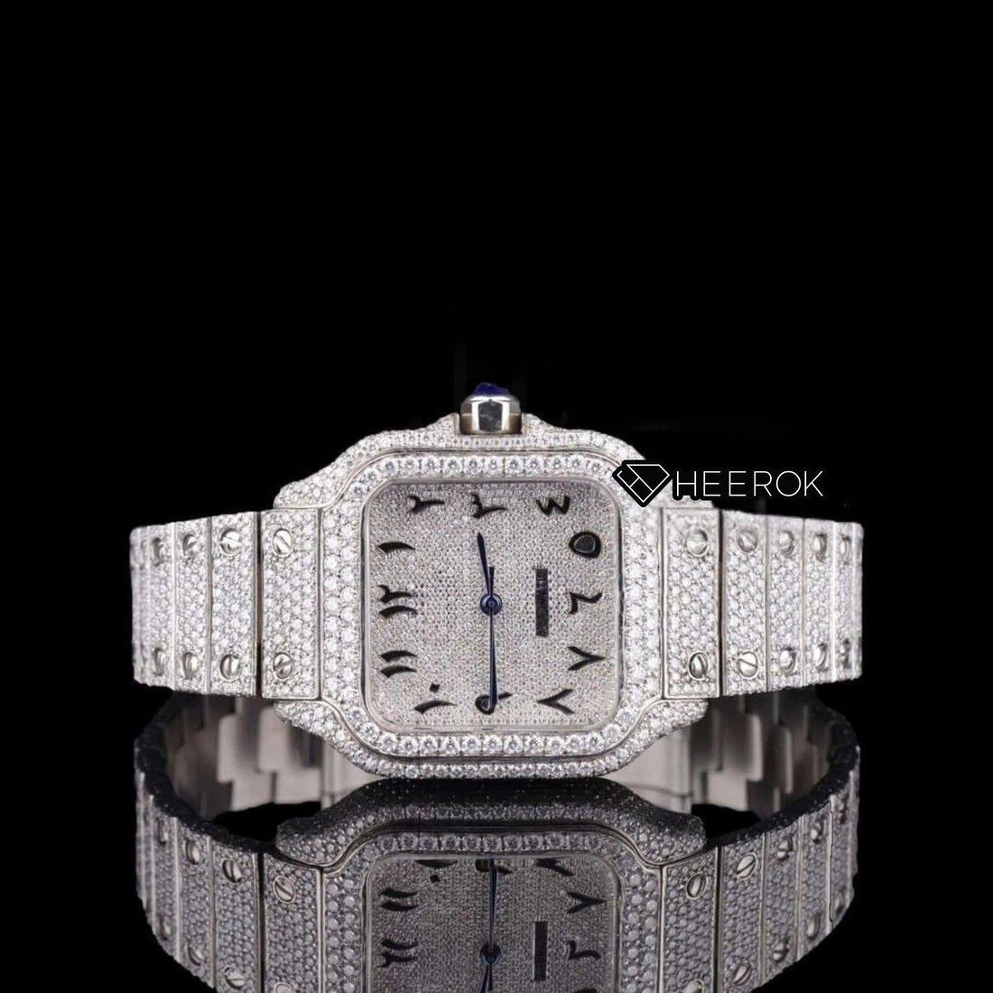 Cartier Santos Black Arabic Numerals White Dial Diamond Bezel Fully Iced Moissanite Diamond Front View