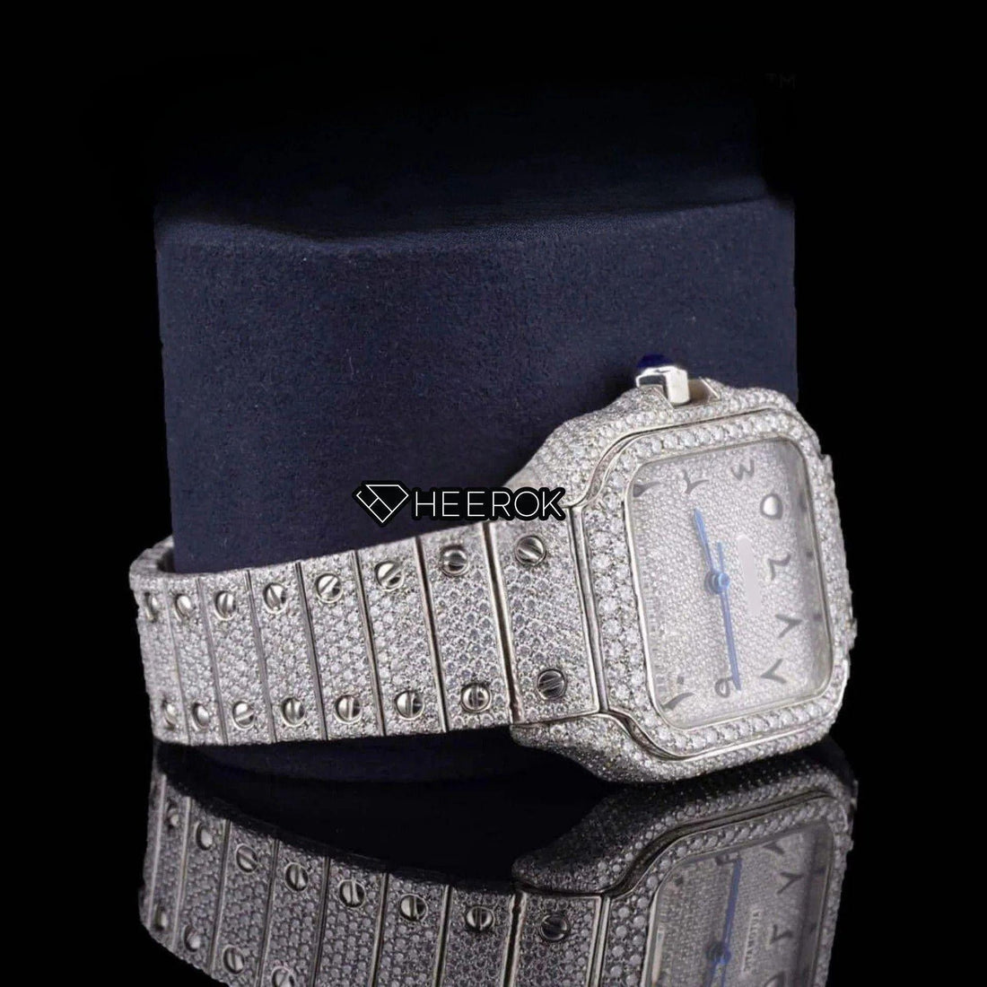 Cartier Santos Black Arabic Numerals White Dial Diamond Bezel Fully Iced Moissanite Diamond Front View.