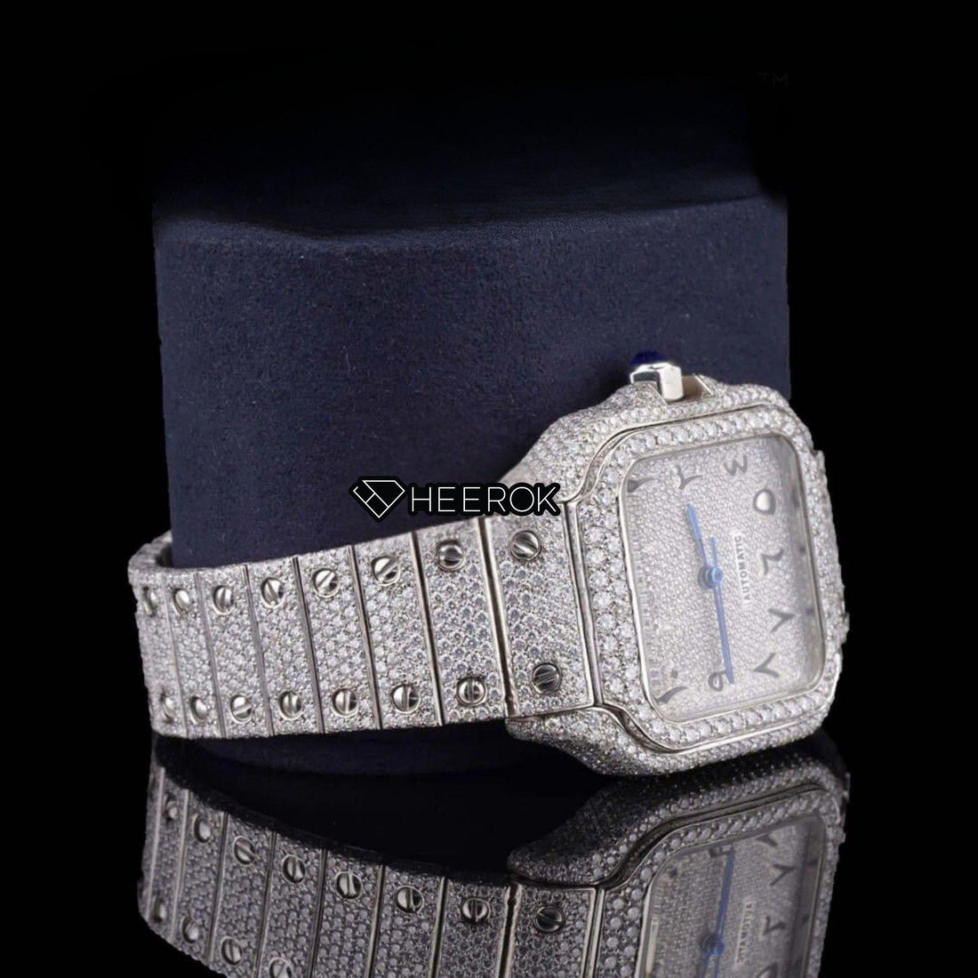 Cartier Santos Black Arabic Numerals White Dial Diamond Bezel Fully Iced Moissanite Diamond Front View