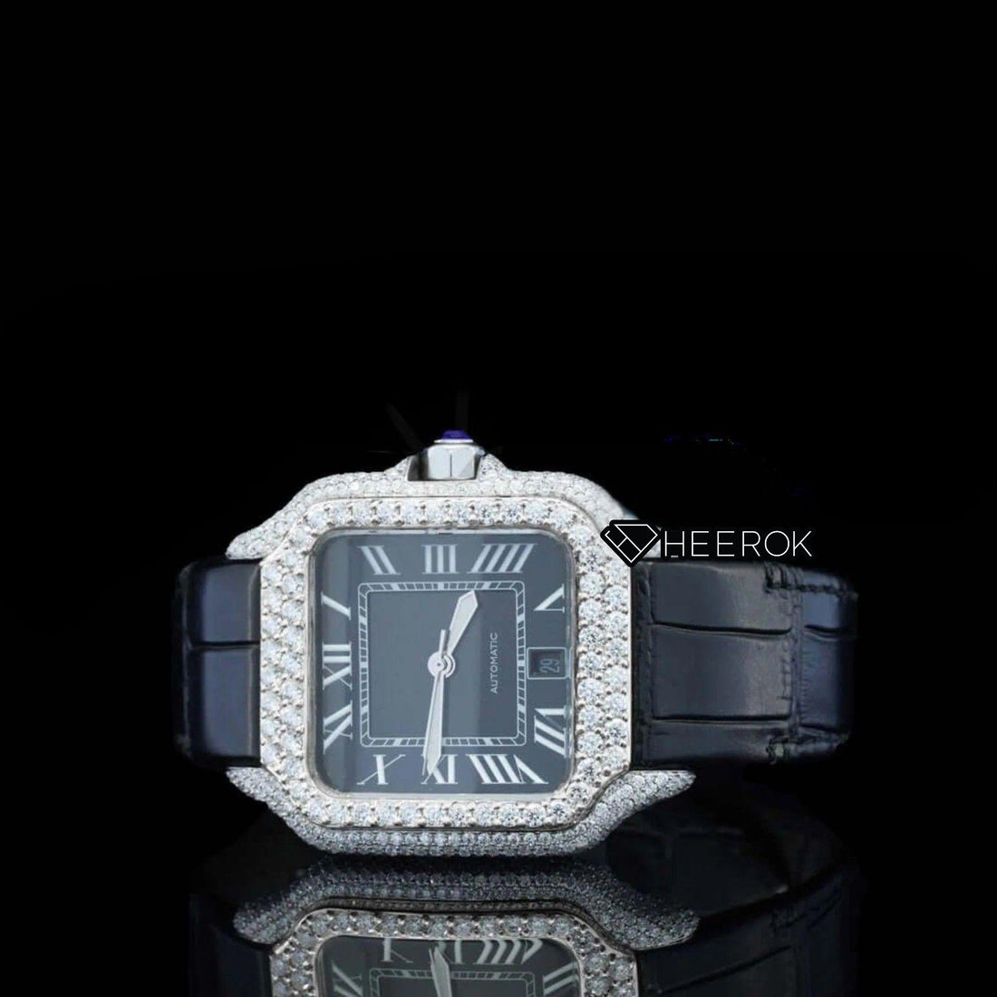 Cartier Santos Black Dial Roman Numerals Diamond Bezel Moissanite Diamond Black Leather Strap Front View