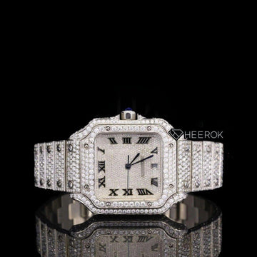 Cartier Santos Black Roman Numerals White Dial Diamond Bezel Fully Iced Moissanite Diamond Front View.