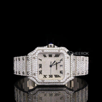 Cartier Santos Black Roman Numerals White Dial Diamond Bezel Fully Iced Moissanite Diamond Front View