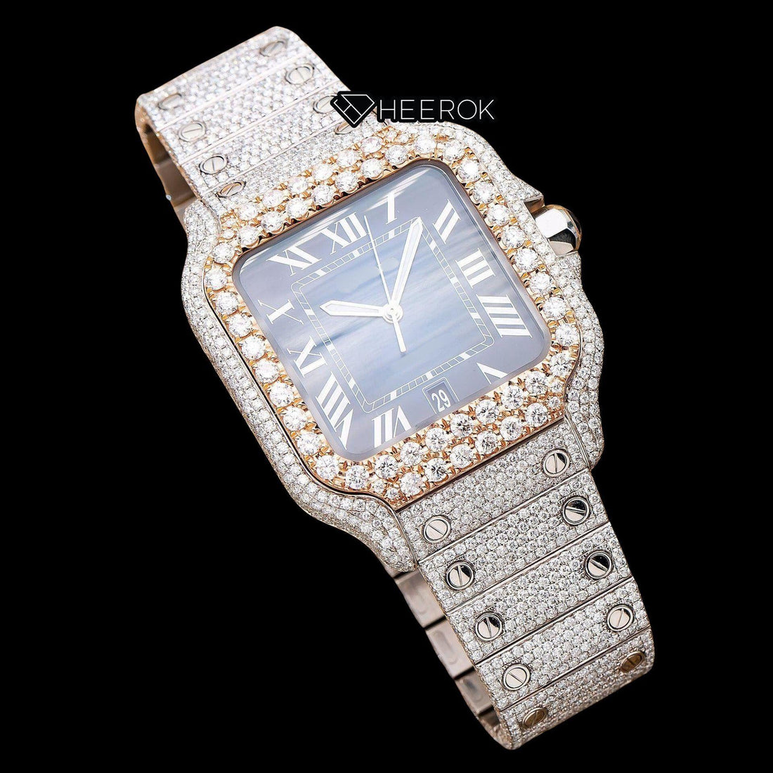 Cartier Santos Blue Dial Roman Numerals Diamond Bezel Bust Down Moissanite Diamond Watch Front View.