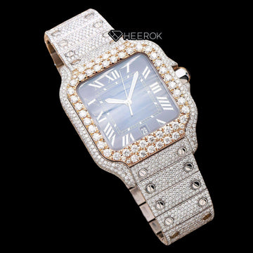 Cartier Santos Blue Dial Roman Numerals Diamond Bezel Bust Down Moissanite Diamond Watch Close Up Front View.