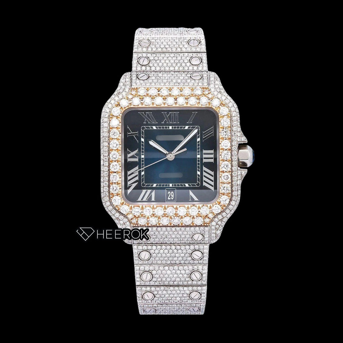 Cartier Santos Blue Dial Roman Numerals Diamond Bezel Bust Down Moissanite Diamond Watch Front View.