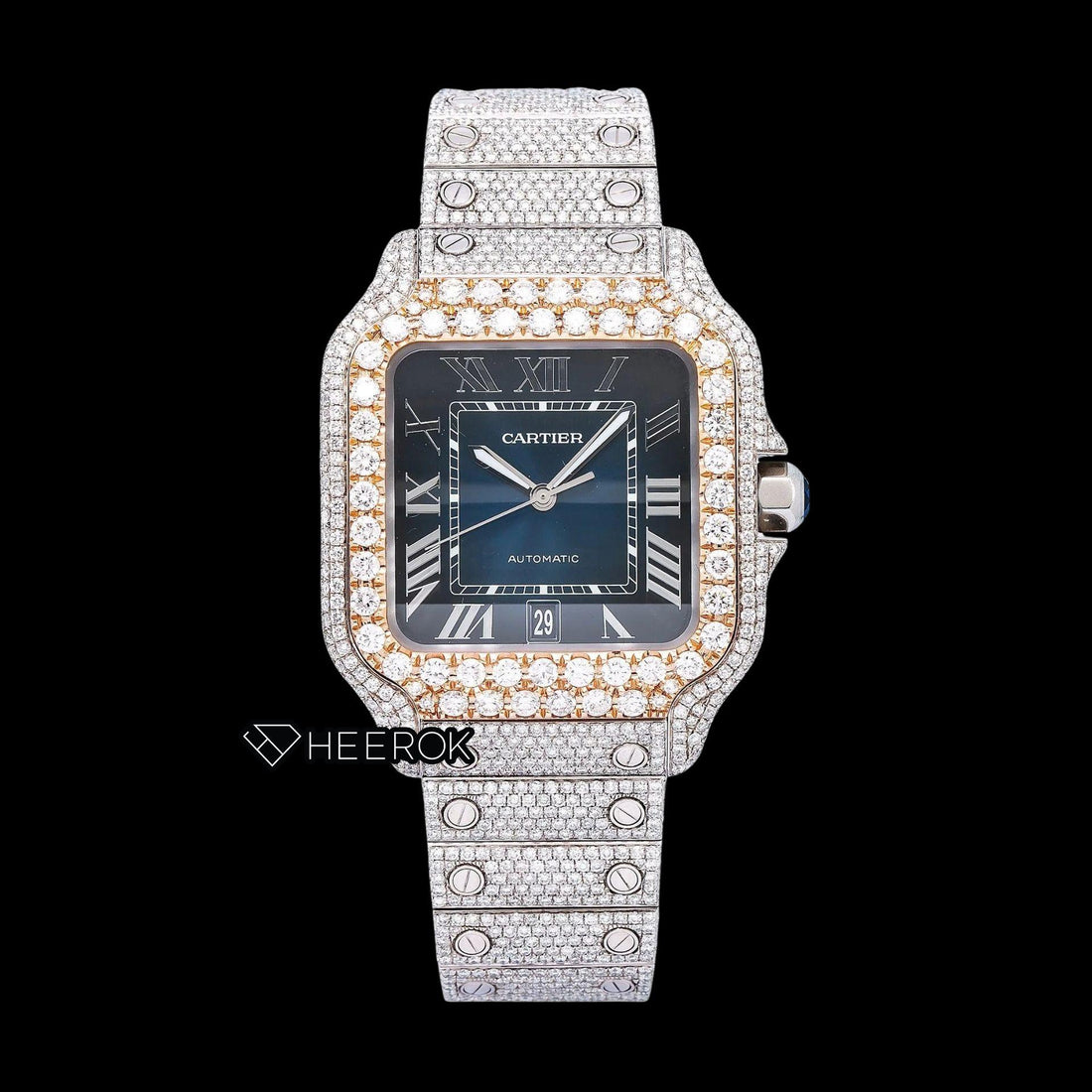 Cartier Santos Blue Dial Roman Numerals Diamond Bezel Bust Down Moissanite Diamond Watch Front View