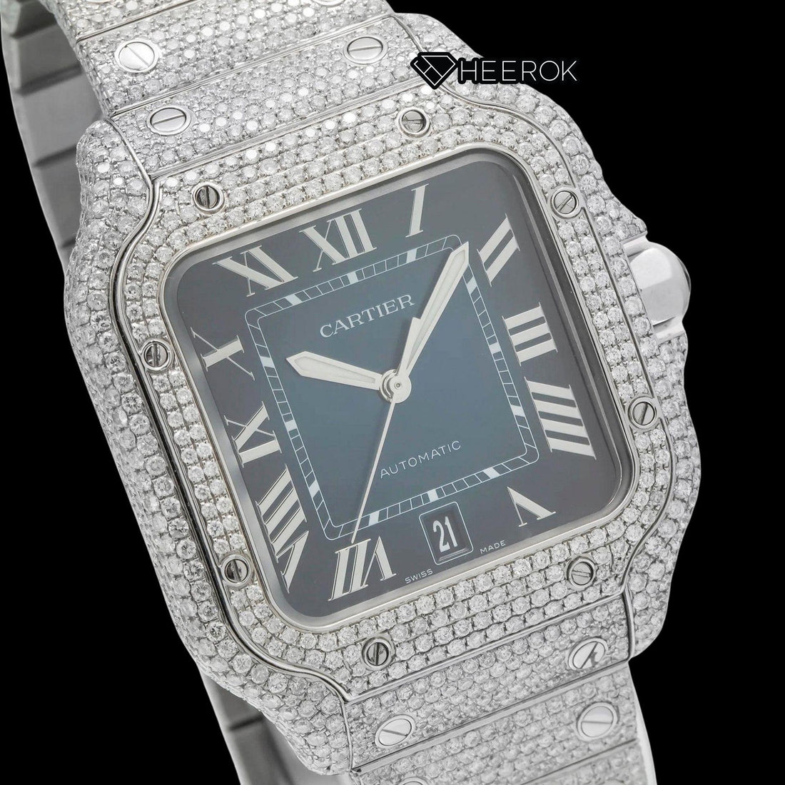 Cartier Santos Blue Dial Roman Numerals Diamond Bezel Fully Iced Out Moissanite Diamond Watch Front View