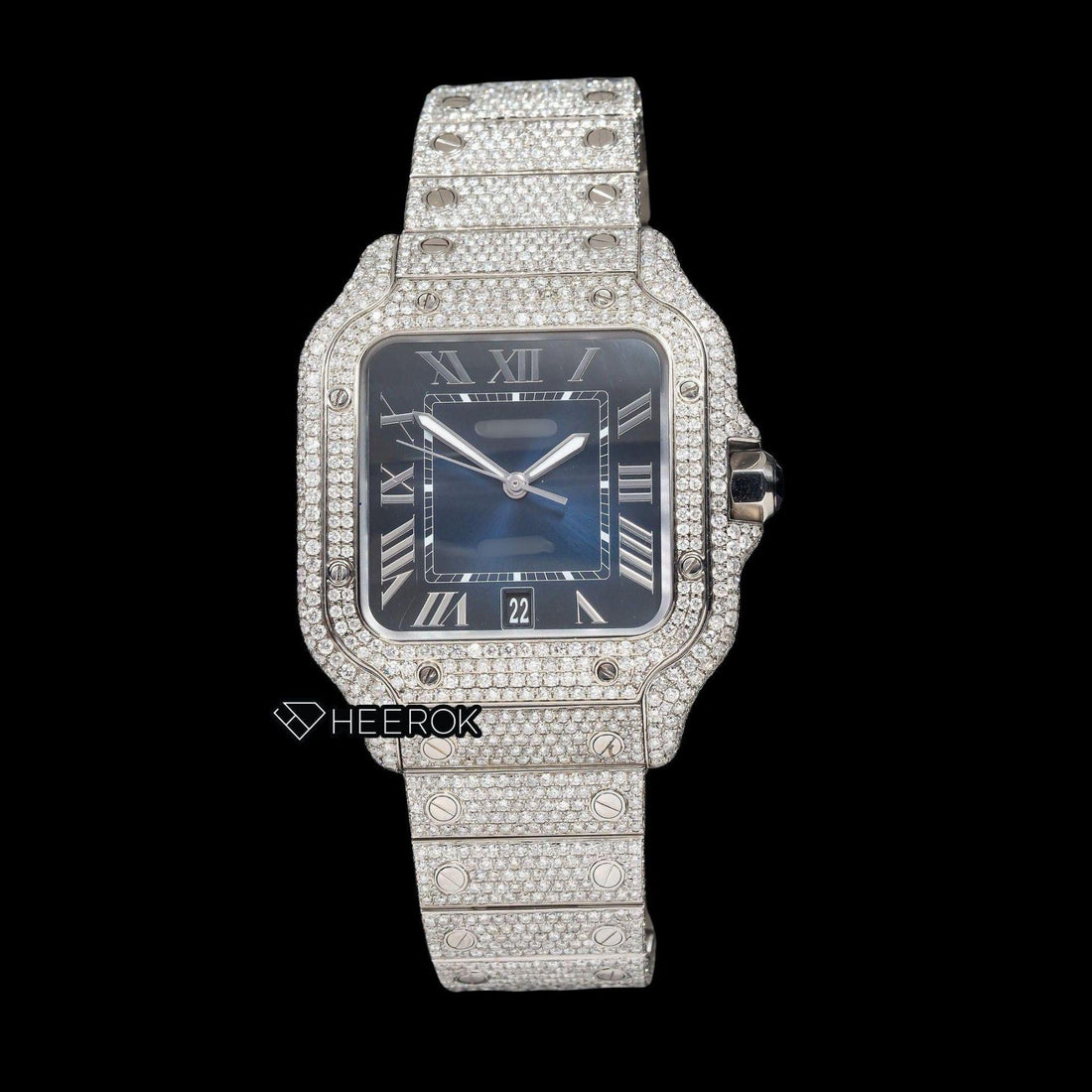 Cartier Santos Blue Dial Roman Numerals Diamond Bezel Fully Iced Out Moissanite Diamond Watch Front View.