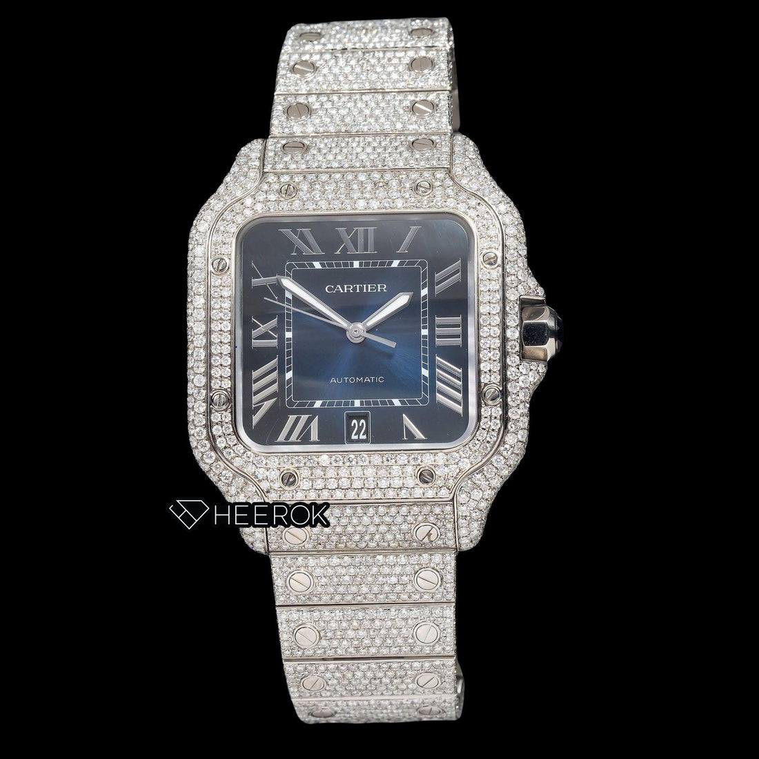 Cartier Santos Blue Dial Roman Numerals Diamond Bezel Fully Iced Out Moissanite Diamond Watch Front View
