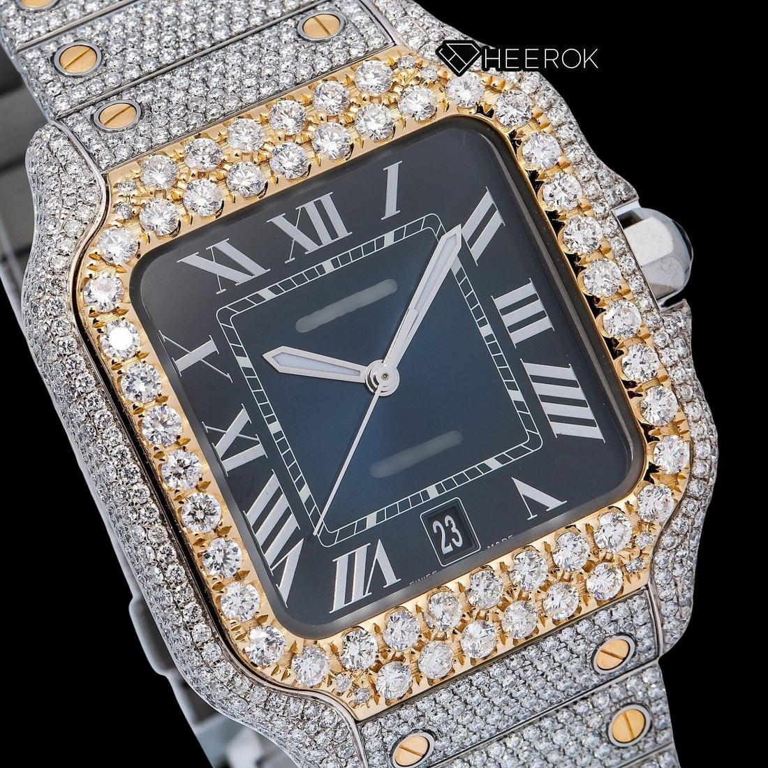 Cartier Santos Blue Dial Roman Numerals Diamond Bezel Two Tone Yellow Gold Bust Down Moissanite Diamond Watch Front View.