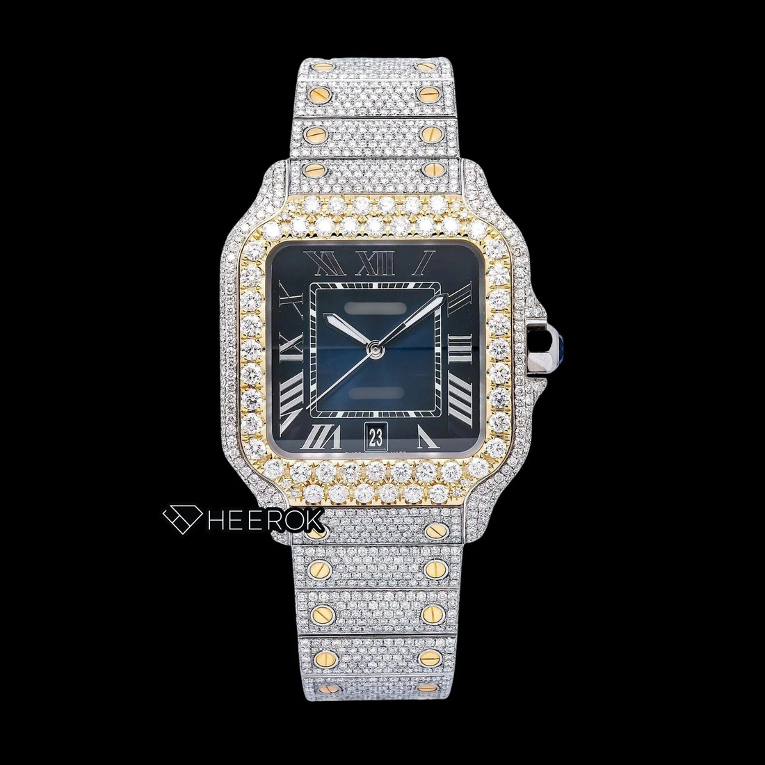 Cartier Santos Blue Dial Roman Numerals Diamond Bezel Two Tone Yellow Gold Bust Down Moissanite Diamond Watch Front View.
