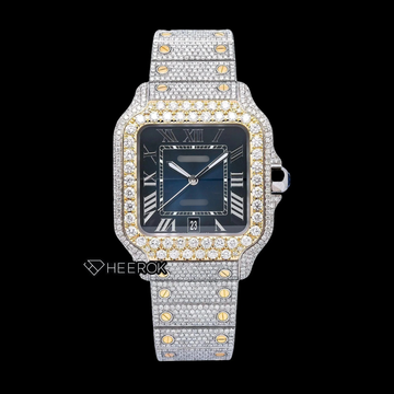 Cartier Santos Blue Dial Roman Numerals Diamond Bezel Two Tone Yellow Gold Bust Down Moissanite Diamond Watch Front View.