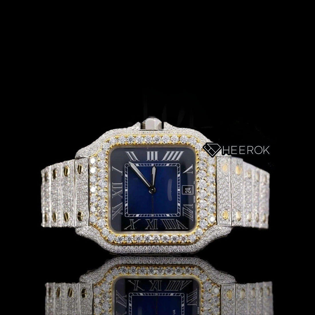 Cartier Santos Blue Dial Roman Numerals Diamond Bezel Two Tone Yellow Gold Fully Iced Moissanite Diamond Front View.