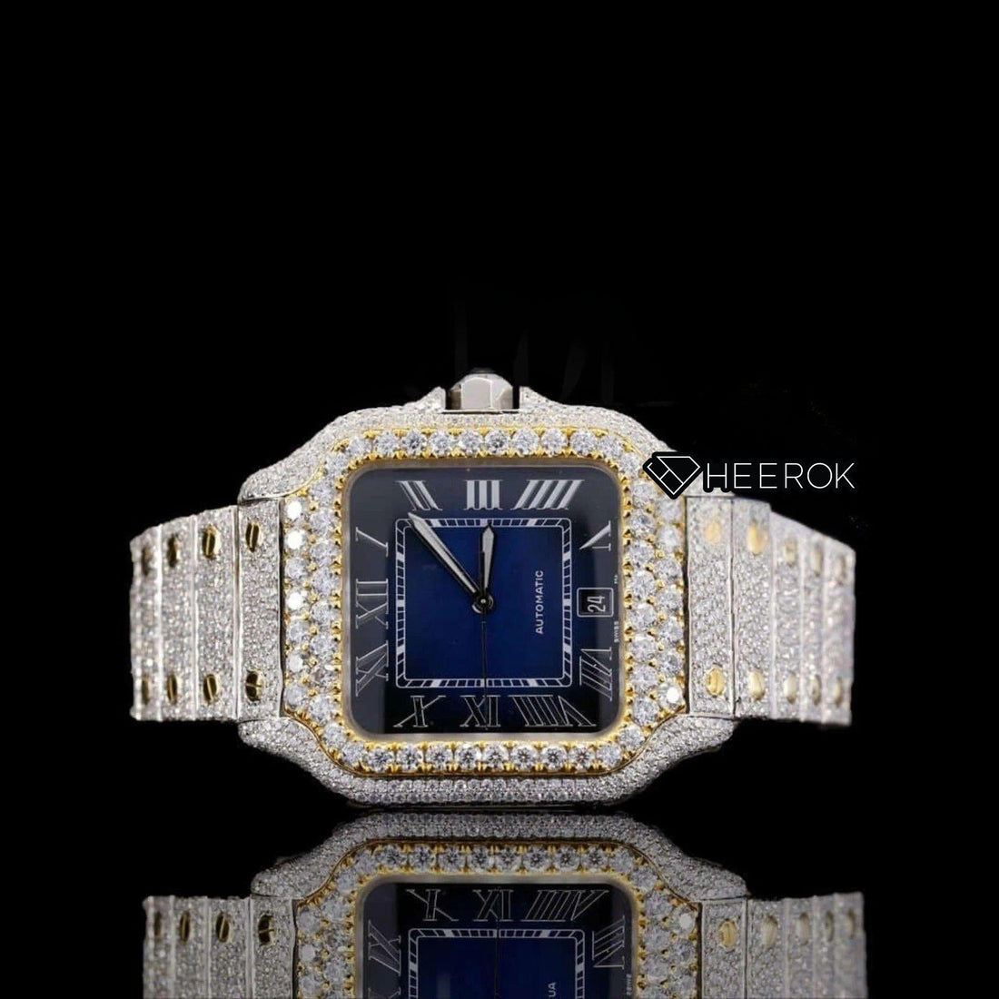Cartier Santos Blue Dial Roman Numerals Diamond Bezel Two Tone Yellow Gold Fully Iced Moissanite Diamond Front View