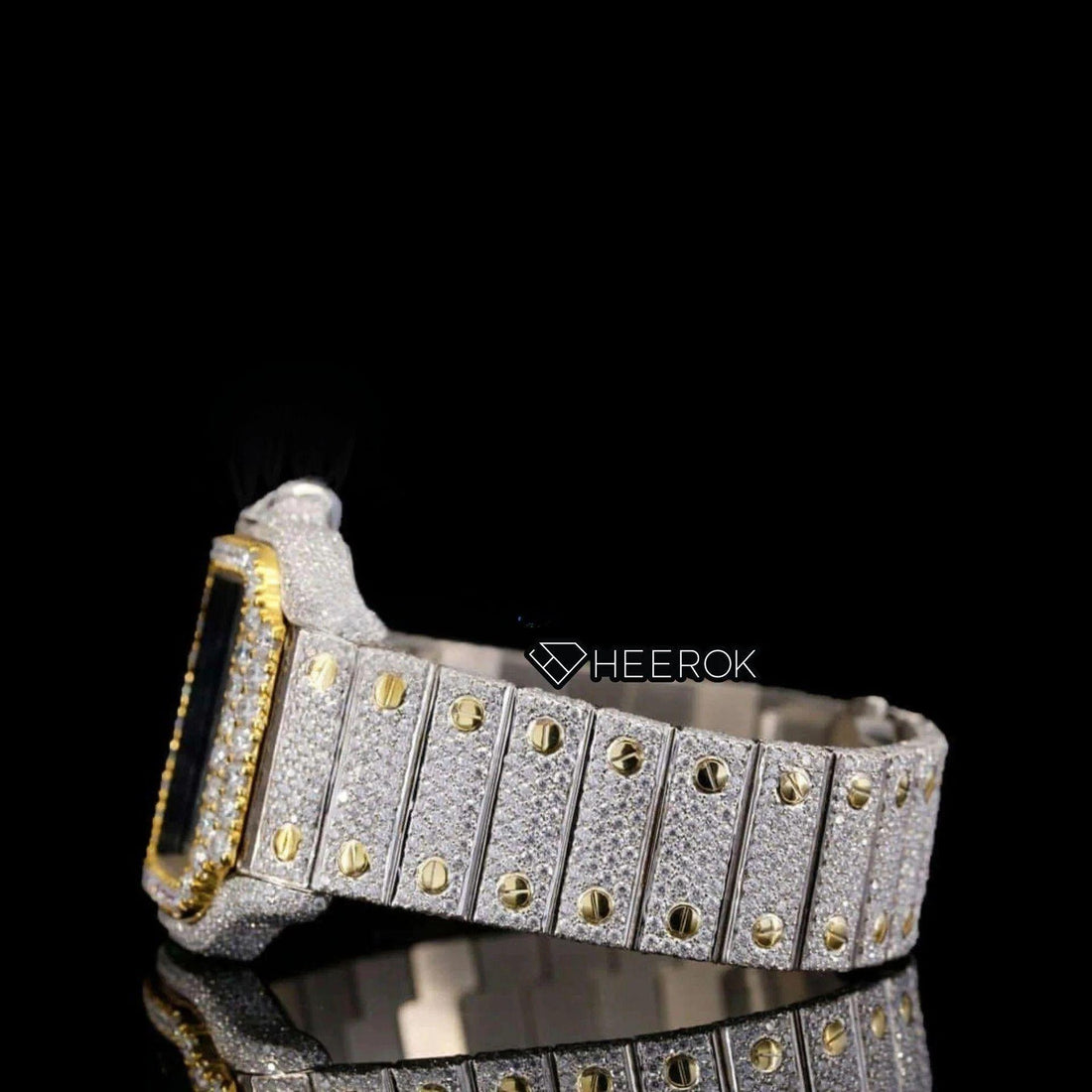 Cartier Santos Blue Dial Roman Numerals Diamond Bezel Two Tone Yellow Gold Fully Iced Moissanite Diamond Front View.