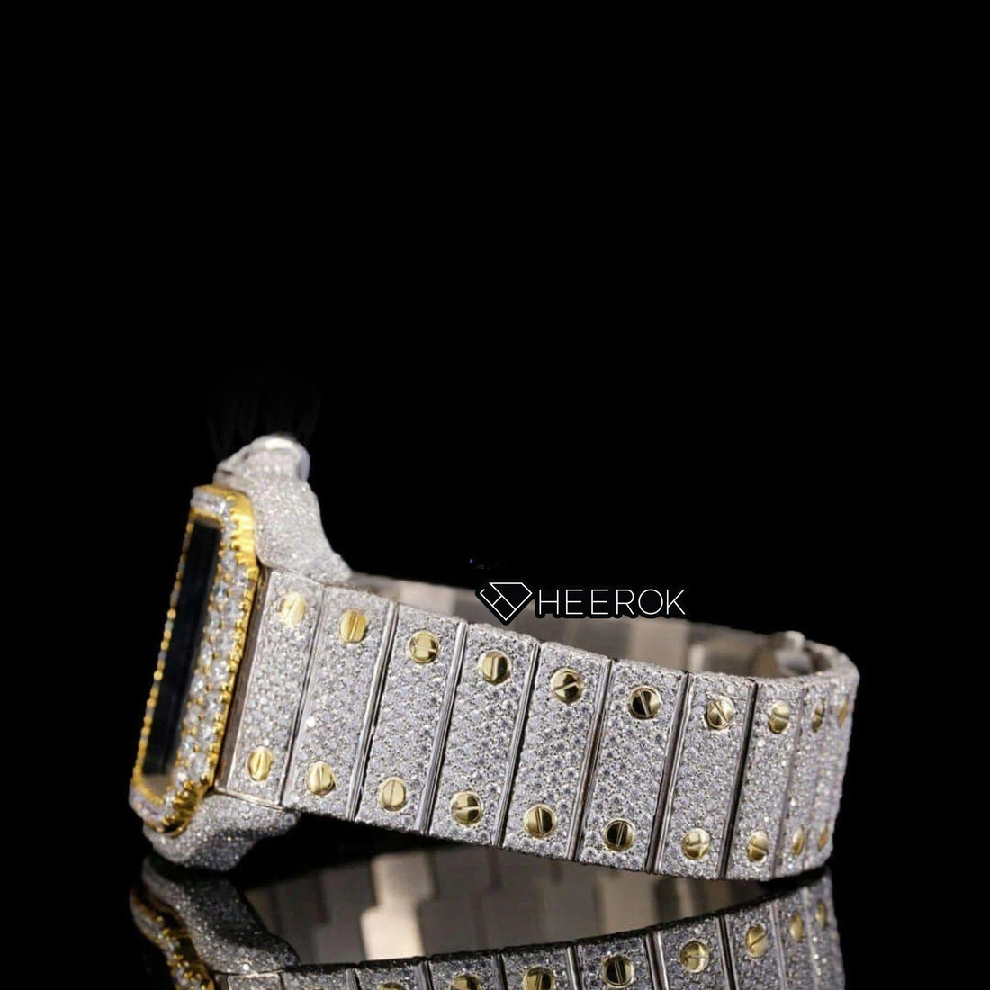 Cartier Santos Blue Dial Roman Numerals Diamond Bezel Two Tone Yellow Gold Fully Iced Moissanite Diamond Front View