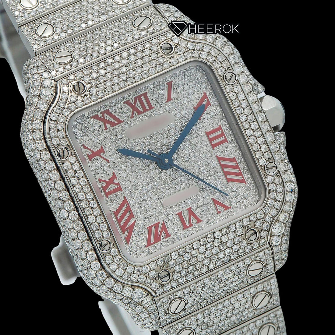 Cartier Santos Diamond Pave Dial Red Roman Numerals Diamond Bezel Fully Iced Moissanite Diamond Watch For Women Front View.