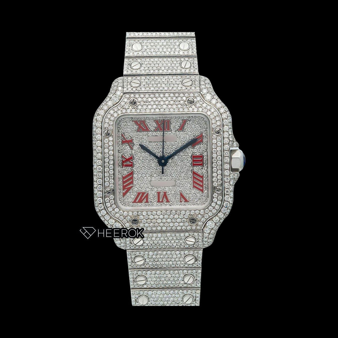 Cartier Santos Diamond Pave Dial Red Roman Numerals Diamond Bezel Fully Iced Moissanite Diamond Watch For Women Front View.