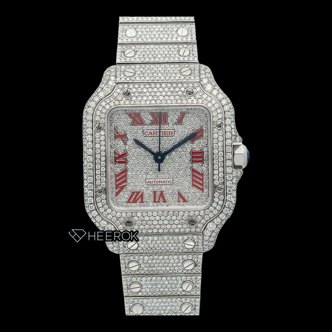 Cartier Santos Diamond Pave Dial Red Roman Numerals Diamond Bezel Fully Iced Moissanite Diamond Watch For Women Front View