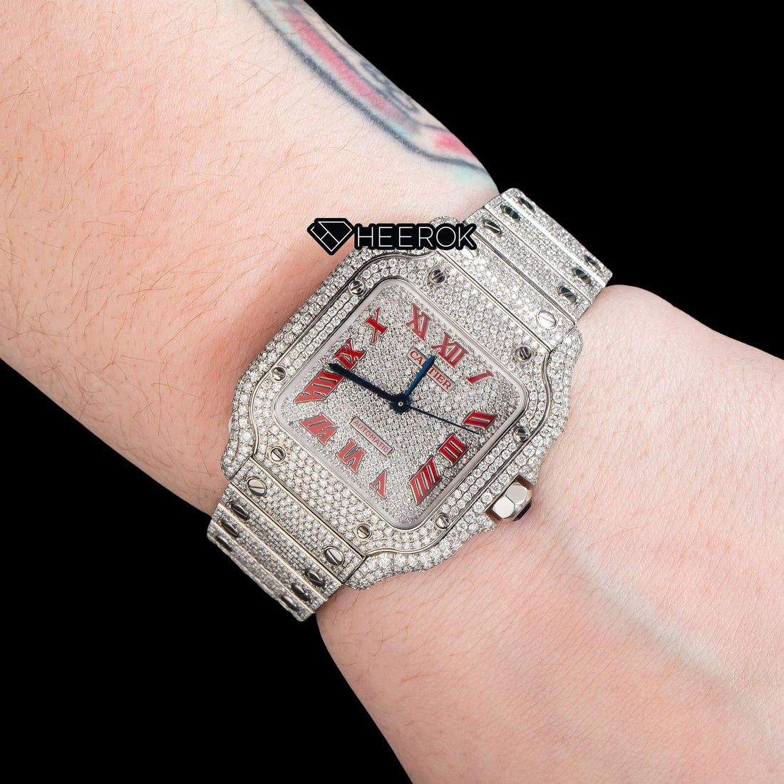Cartier Santos Diamond Pave Dial Red Roman Numerals Diamond Bezel Fully Iced Moissanite Diamond Watch For Women Front View