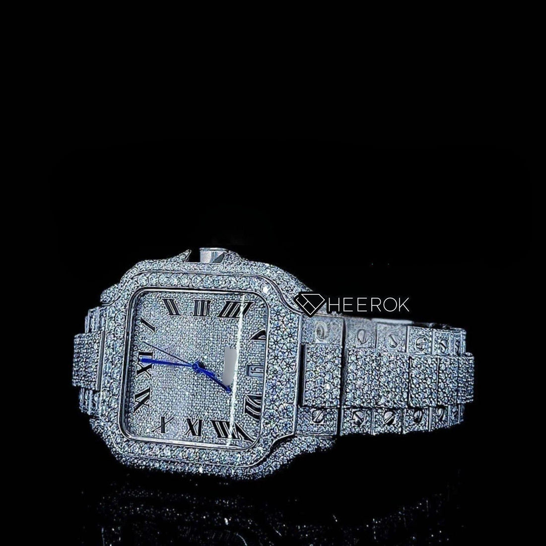 Cartier Santos Full Pave Dial Black Roman Numerals Diamond Bezel Fully Iced Moissanite Diamond Front View.