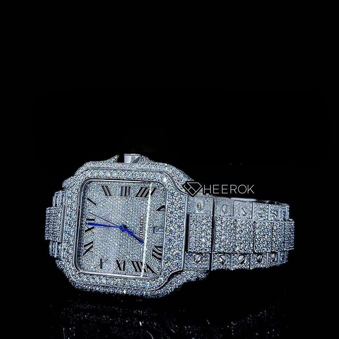 Cartier Santos Full Pave Dial Black Roman Numerals Diamond Bezel Fully Iced Moissanite Diamond Front View