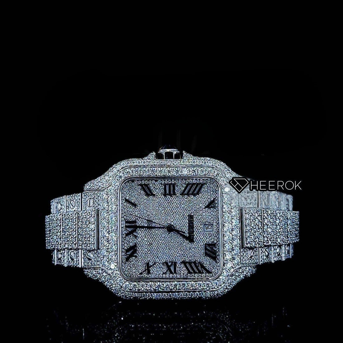 Cartier Santos Full Pave Dial Black Roman Numerals Diamond Bezel Fully Iced Moissanite Diamond Front View