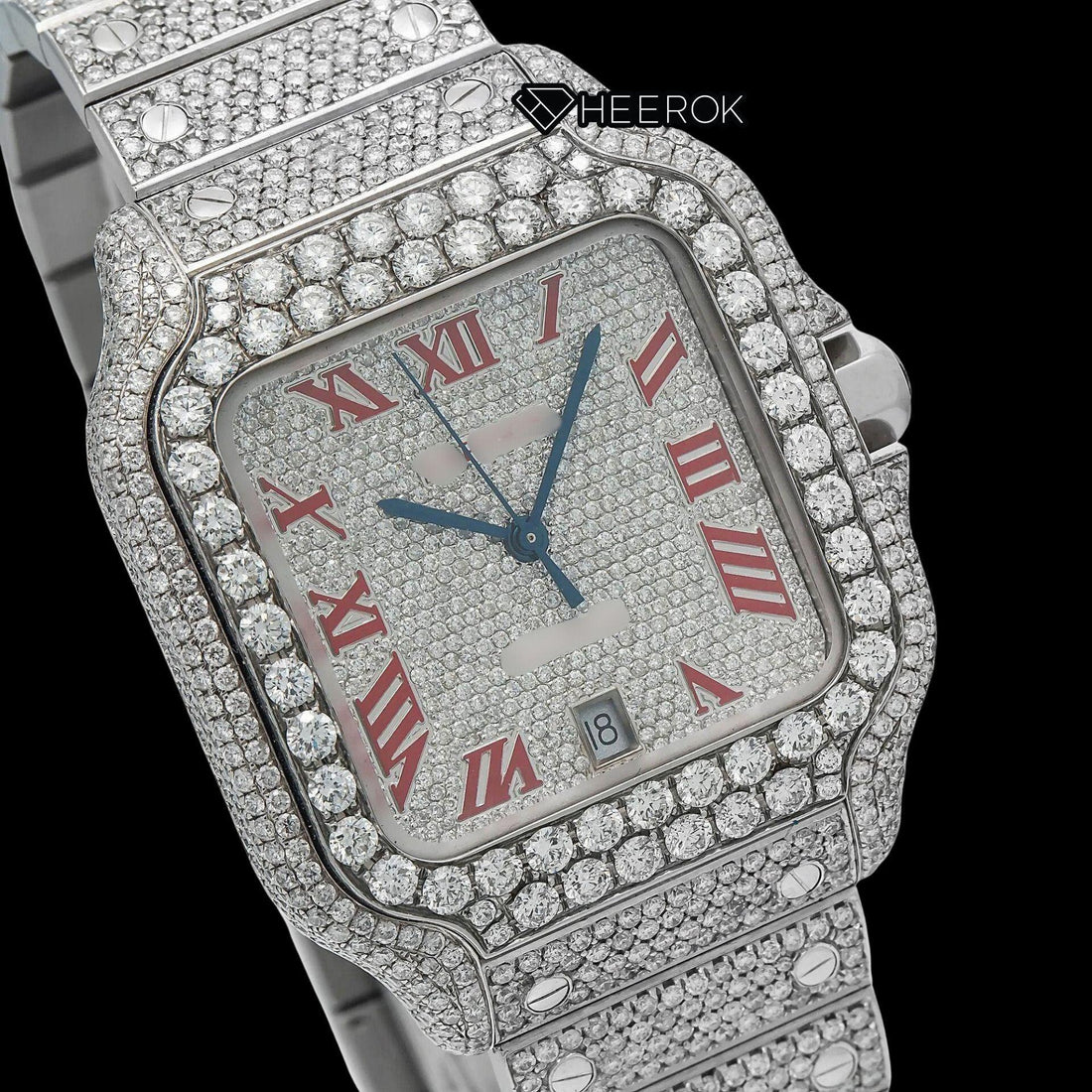 Cartier Santos Full Pave Dial Red Roman Numerals Diamond Bezel Fully Iced Moissanite Diamond Watch For Women Front View.