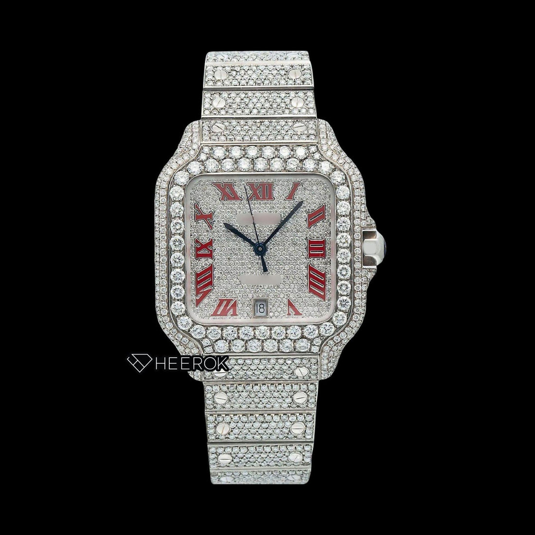 Cartier Santos Full Pave Dial Red Roman Numerals Diamond Bezel Fully Iced Moissanite Diamond Watch For Women Front View.