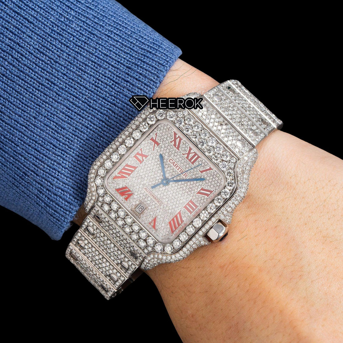 Cartier Santos Full Pave Dial Red Roman Numerals Diamond Bezel Fully Iced Moissanite Diamond Watch For Women Front View
